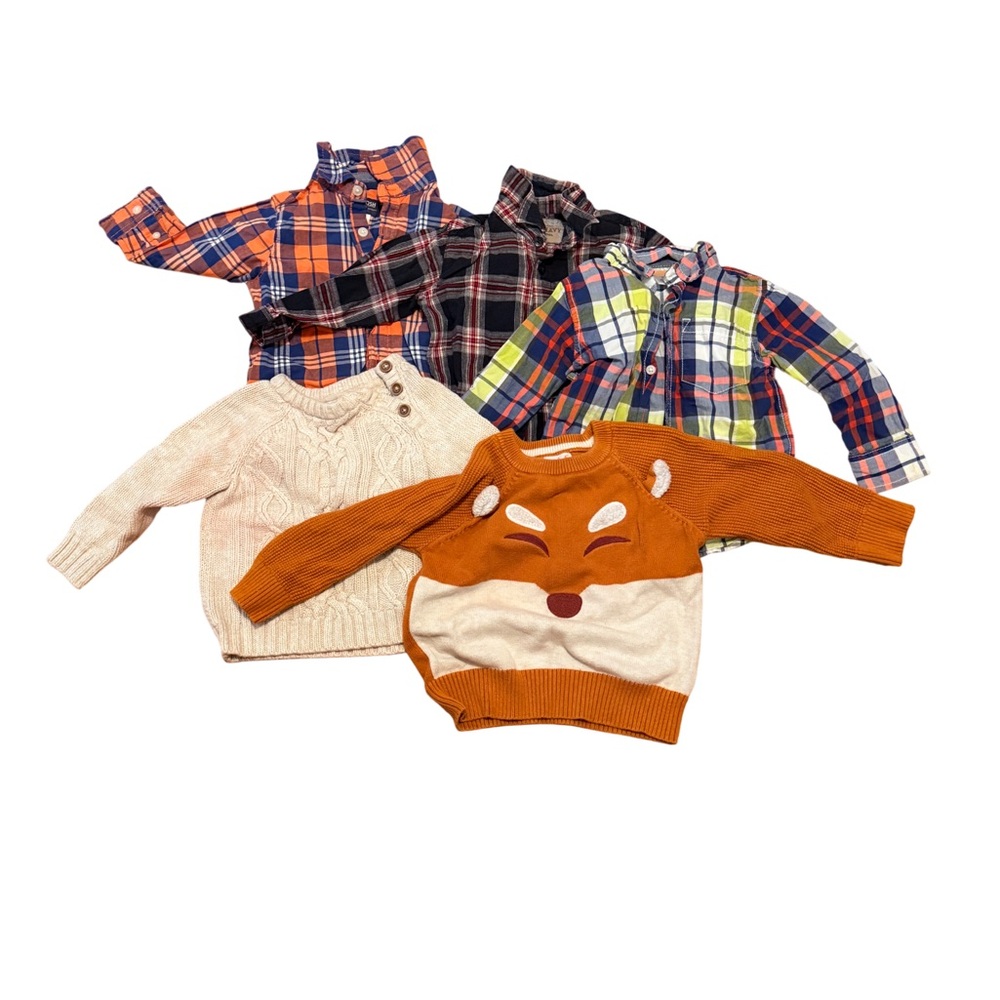 Old Navy Kids Orange Fox Pullover & Plaid Button-Downs Bundle (AB3)